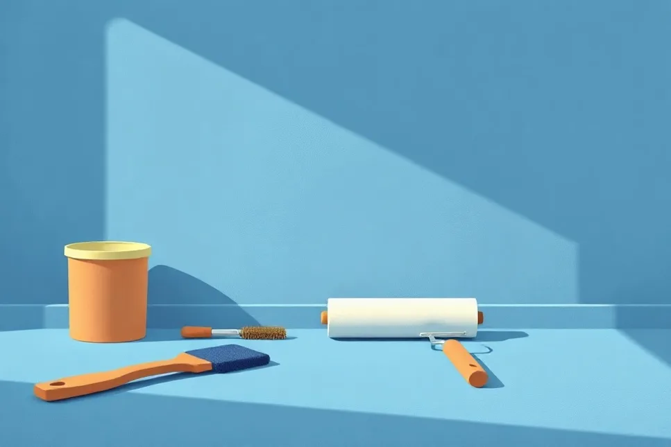 Outils de peinture disposés dans l'ordre des étapes du chantier