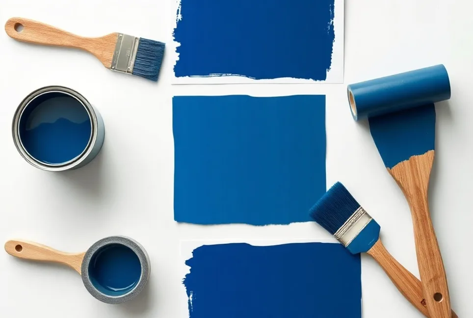 Pots de peinture, nuancier, brosses et rouleaux disposés à plat