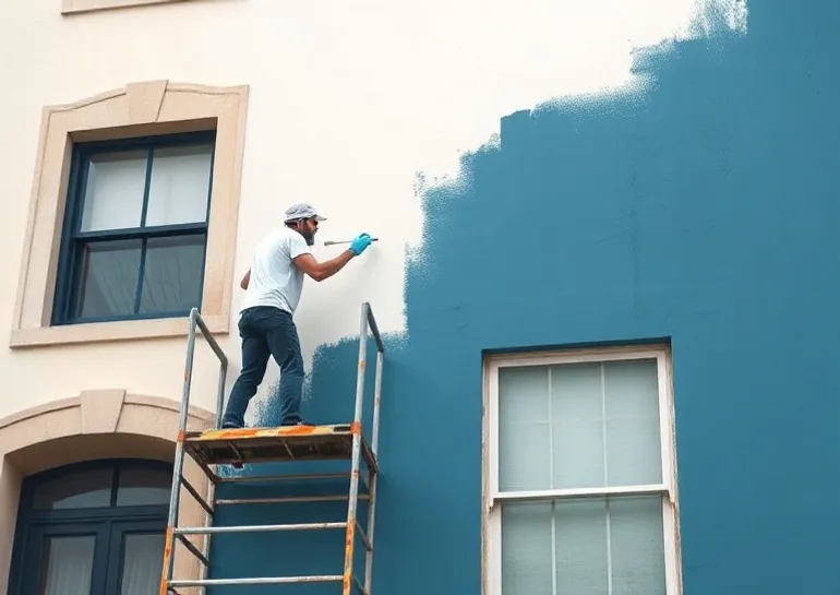 Peintre sur échafaudage traitant la façade d'une maison