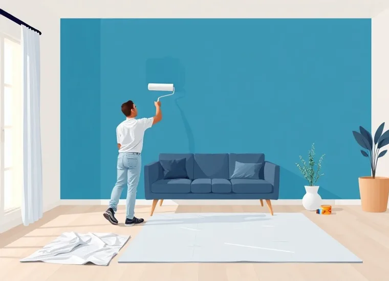 Peintre appliquant la peinture au rouleau sur un mur de salon
